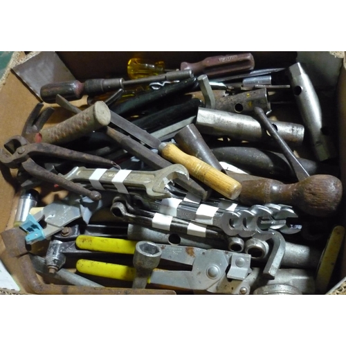19 - Box containing a large quantity of spanners, screwdrivers, hammers etc