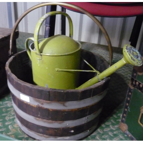 23 - Large coopered bucket with handle and a painted galvanised watering can