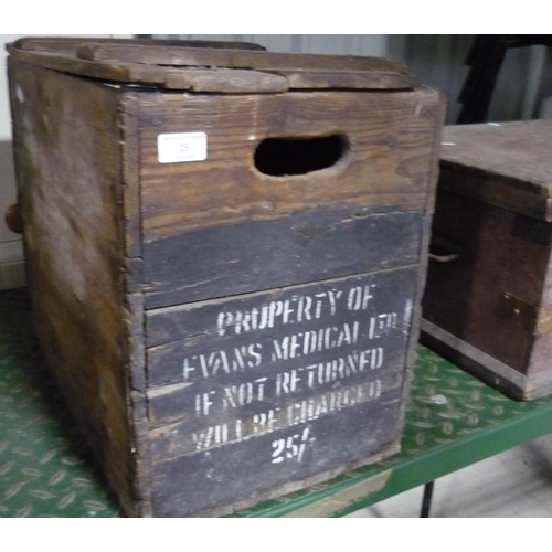25 - Wooden crate with the words 'Property Of Evans Medical LTD If Not Returned Will Be Charged 25 Shilli... 