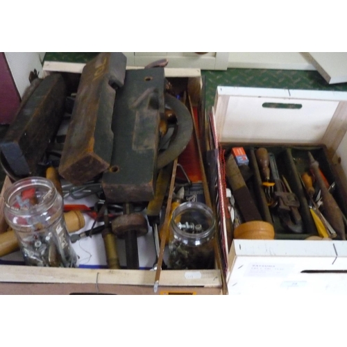 29 - Two boxes containing a quantity of tools of various types and styles, including set squares, saws, r... 