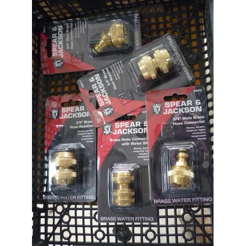 48 - Box containing Spear & Jackson brass hose connector, brass hose repairer, hose connector with water ... 