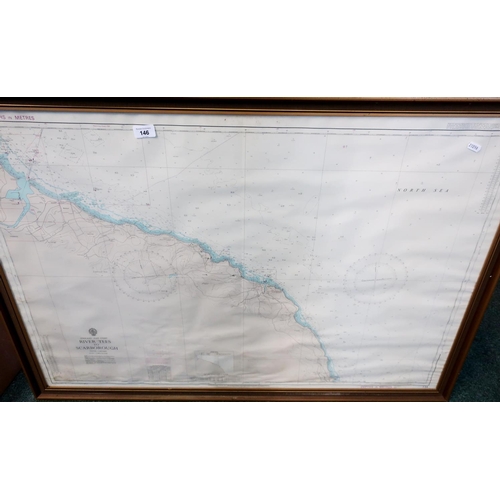 41 - Framed map of England East Coast River Tees to Scarborough, copyright 1975 (110cm x 77cm including f... 