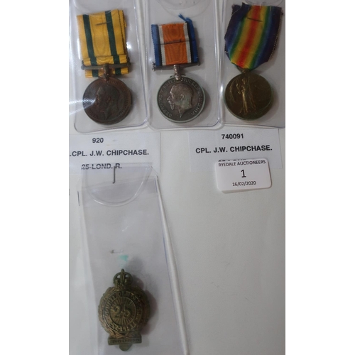 1 - Group of WWI medals, comprising of Territorial War Medal 1914-19 for Voluntary Services Overseas awa... 