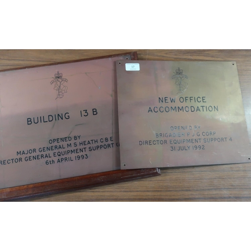 17 - Two brass military building plaques relating to R.E.M.E, one open by Brigadier P.J.G Corp Director E... 
