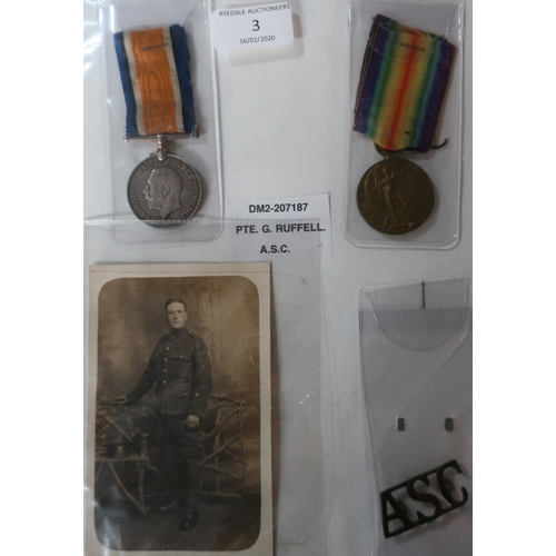 3 - WWI pair awarded to DM2-207187 PTE.G.RUFFELL A.S.C with associated shoulder title badge and photogra... 