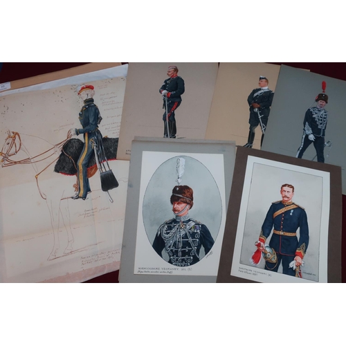 77 - Six military watercolours by E.A. Campbell circa 1933 - 1944 of various Yeomanry uniforms, and a wat... 