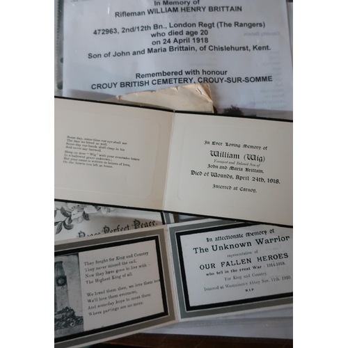 8 - Collection of five memorial cards sent to Mr & Mrs Brittain with photocopied research material for W... 