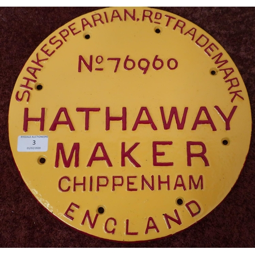 3 - Cast metal circular makers plaque for the Shakespearian Rd Trademark No.76960 Hathaway Maker Chippen... 