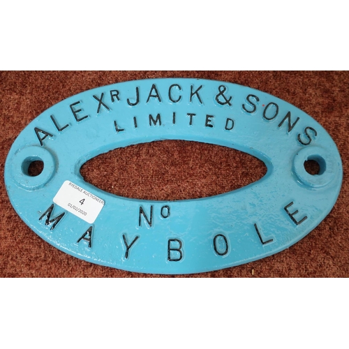 4 - Oval cast metal makers plaque for Alex Jack & Sons Limited Maybole (28.5cm x 17cm)