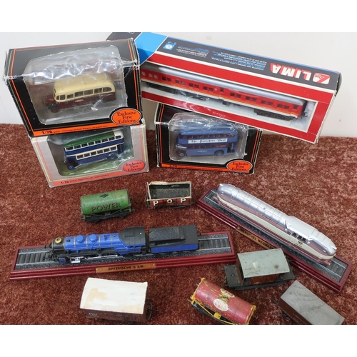 42 - Selection of various die-cast buses, model trains, boxed Lima carriage and rolling stock in one box