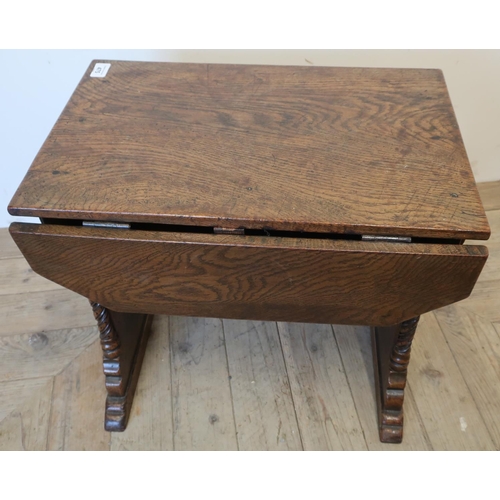 475 - Unusual small oak drop-leaf Gothic style occasional table with carved detail and understretcher (51c... 