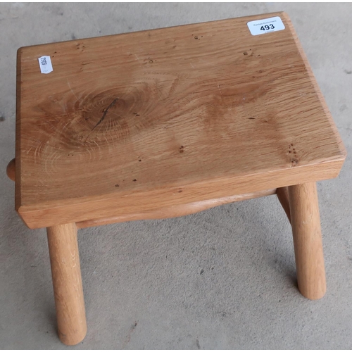 493 - Rectangular elm milking type stool on four supports and H shaped understretcher, by 'Mushroom Man'