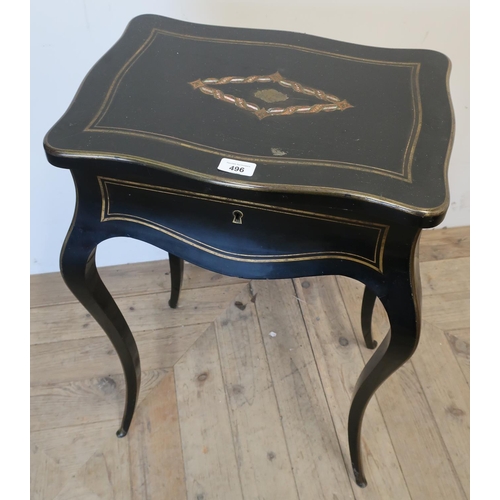 496 - 19th C ebonised and inlaid work table with hinged top, revealing mirrored part fitted interior (45cm... 