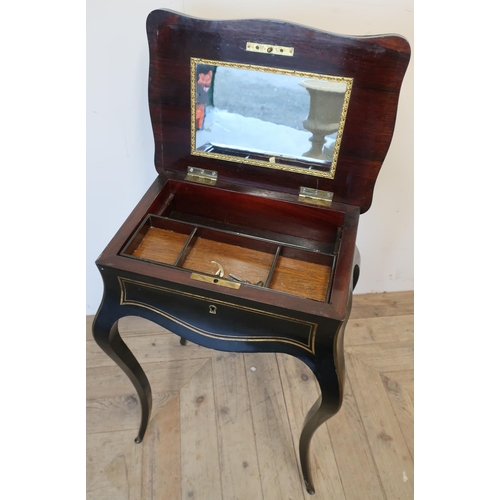 496 - 19th C ebonised and inlaid work table with hinged top, revealing mirrored part fitted interior (45cm... 