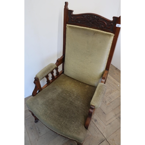 497 - Art Nouveau mahogany framed armchair with upholstered seat, back and arms