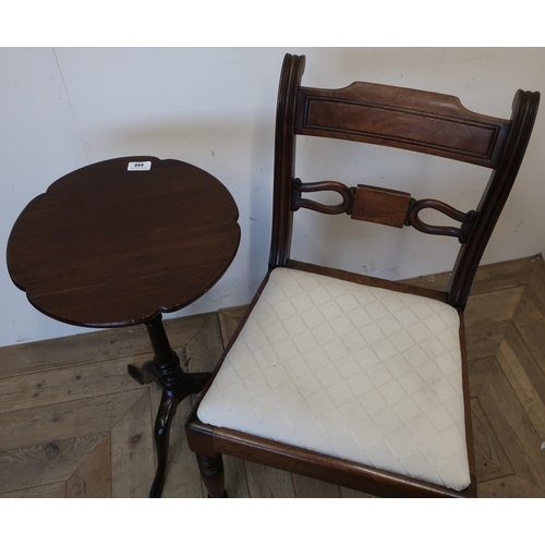 498 - Small mahogany circular top occasional table on turned column, and a 19th C mahogany dining chair (2... 