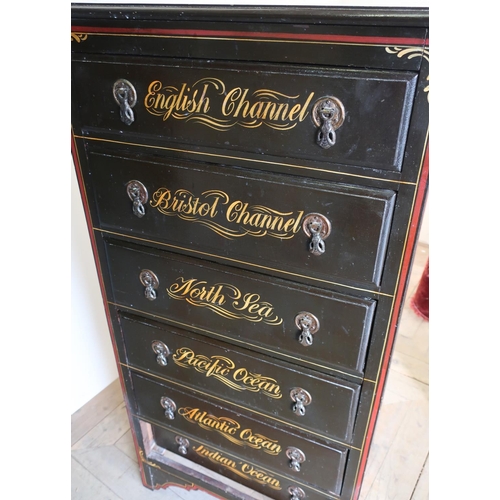 495 - Unusual painted tall chest of six drawers with ship related detail, with a portrait of a ship to the... 