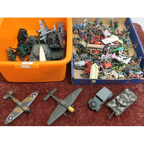 113 - Large selection of Britains and other soldiers of various nations and eras and a box of various mili... 