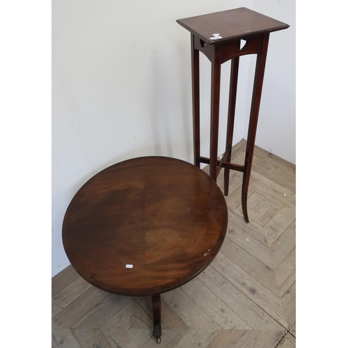 507 - Edwardian mahogany inlaid square top Jardiniere stand and a mahogany circular top occasional table (... 