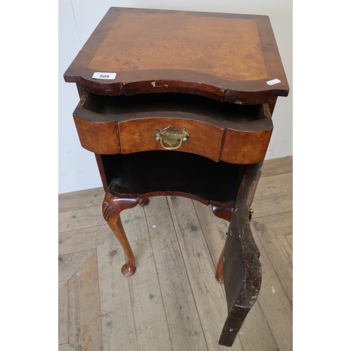 508 - 20th C walnut bedside cabinet with single drawer above single cupboard door (38cm x 35cm x 73cm)