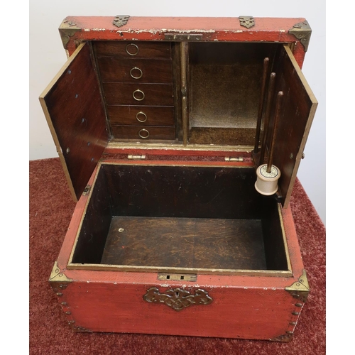 513 - Unusual sewing box in the form of a domed treasure chest with metal mounts and strap-work detail, hi... 