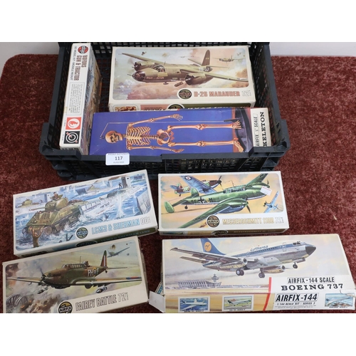 117 - Selection of boxed Airfix models, including Boeing 737, Sherman tank, military vehicles, aircraft et... 