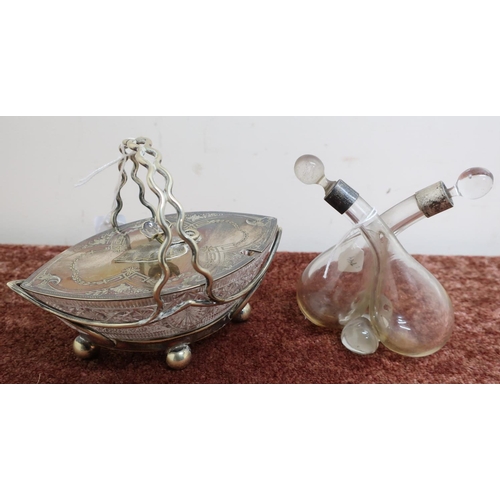 535 - Cut glass and sliver plated condiment dish with lift off lid, and a glass twin cruet with silver hal... 
