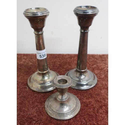 538 - Pair of Birmingham silver hallmarked column candlesticks on turned weighted bases (18cm high) and a ... 