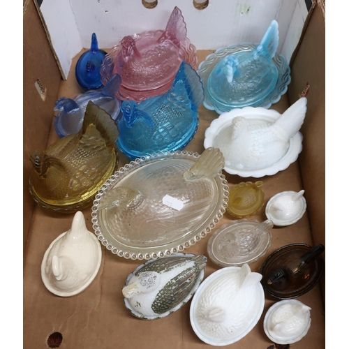540 - Collection of mostly glass and one ceramic chicken dishes of various sizes and colours including one... 