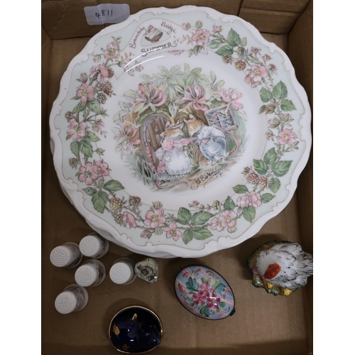 562 - Set of four Brambly Hedge Royal Doulton seasonal plates, a Limoges box in the form of a chicken, sim... 