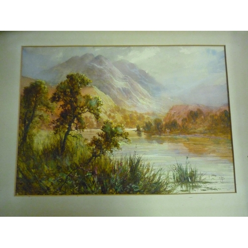 598 - Watercolour of mountainous lake scene, a pair of Edwardian oil on canvas paintings and a selection o... 