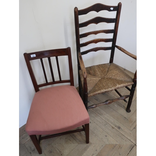 546 - 19th C mahogany dining chair with inlaid detail and upholstered seat, and a rush seated armchair (2)