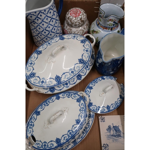 573 - Selection of 19th C and later blue & white ceramics, Italian tin glazed style jug and a small blue &... 