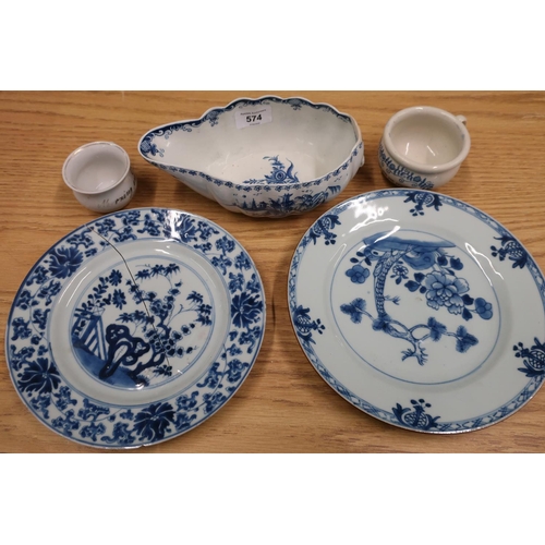 574 - Selection of 19th C ceramics including a scarce ladies slipper bed pan with blue & white transfer de... 