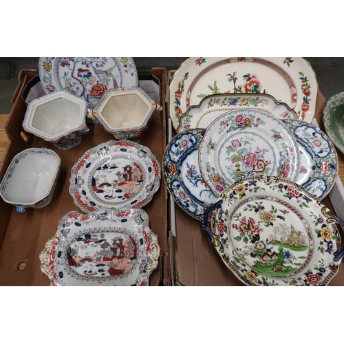 576 - Large selection of 19th C ceramics in two boxes including part dinner services, serving tureens etc