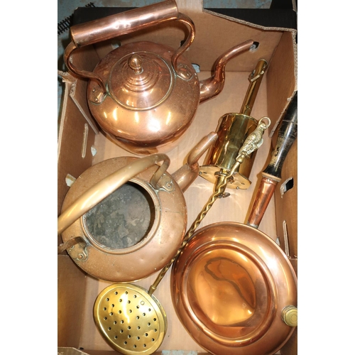 588 - Two copper kettles, a brass meat Jack, bed warming pan and chestnut roaster
