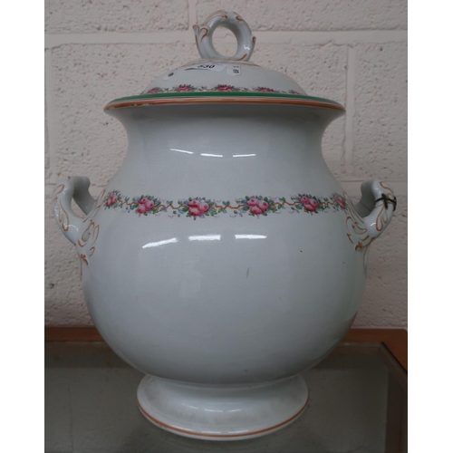 530 - Late 19th C twin handled vase with lift off cover, floral detail and old stapled repair to handle, t... 