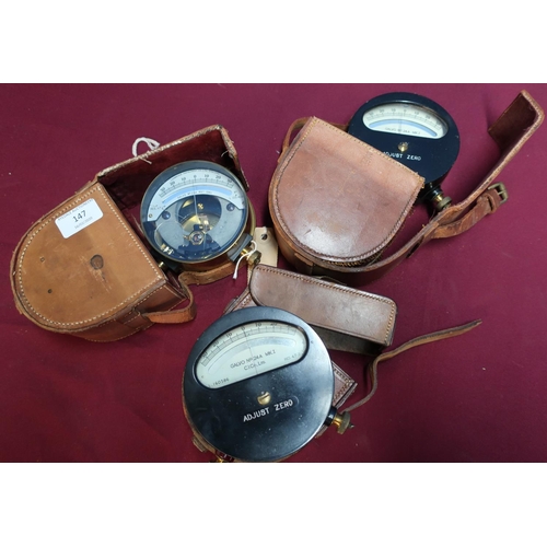 147 - Three leather cased brass galvanometers, one by the Cambridge Instrument Co, including 4 MK1, and tw... 