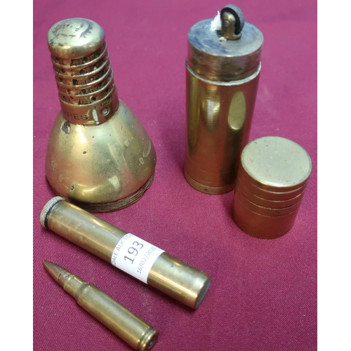 193 - Inert L2A2 round, a 303 AM oil bottle, a shell fuse head (inert) stamped Ypres and a large trench ar... 