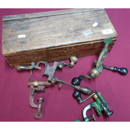 442 - Vintage mahogany box containing four various vintage shotgun cartridge turnover tools