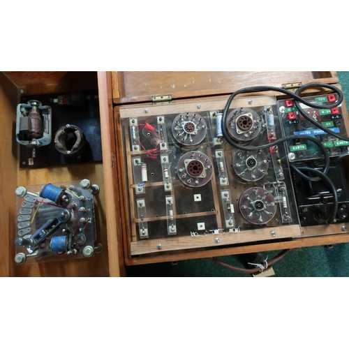 144 - Wooden cased R.E.M.E experiment electronics board and a cased and mounted display of a DC motor and ... 
