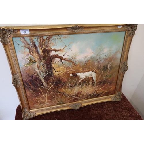 398 - 20th C gilt framed oil on board painting of English Pointer dog in wooded scene by J Fitz (69cm x 54... 