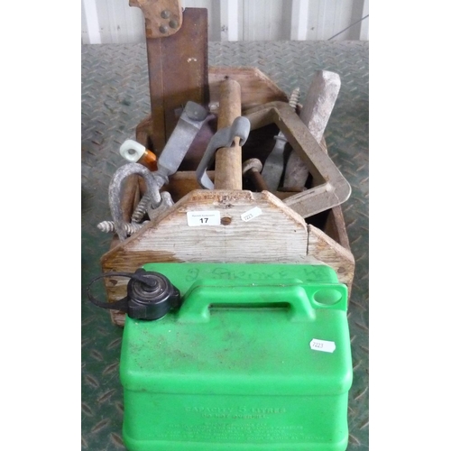 17 - Wooden toolbox containing saw, small wood plane, and a petrol can, etc