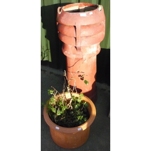 93 - Large terracotta chimney pot, and a terracotta pot with rosebush