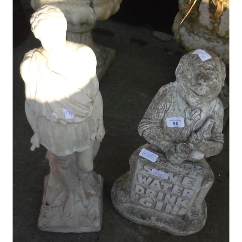 95 - Two garden ornaments, one depicting a Greek god, and another with a gentleman sat with the slogan 'S... 