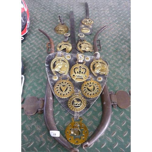 19 - Collection of horse brasses on leather chest plate and a set of collar irons
