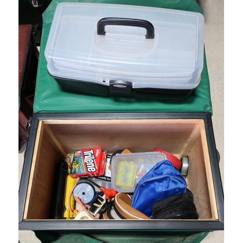 329 - Large tackle box (green) including reels, torches etc