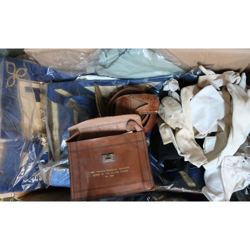 219 - Box containing a large selection of various Masonic regalia including aprons, cuffs, neck badges, gl... 