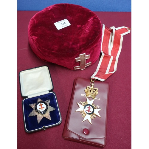 224 - Masonic interest including a red velvet cap with Jesuit Cross cap badge, associated silver and ename... 