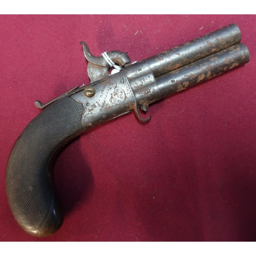 271 - Percussion cap over & under pocket pistol by Spencer Northallerton, with 3 1/4 inch barrels, checker... 